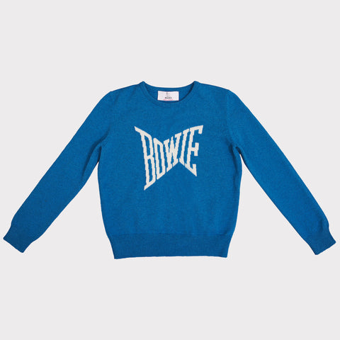 Front flat shot of the teal blue and ecru women's 'Let's Dance' Bowie jumper 