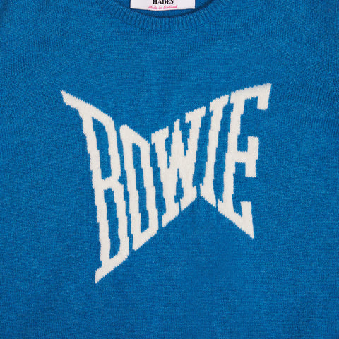 Close up of the Bowie text on the teal blue and ecru women's 'Let's Dance' jumper  