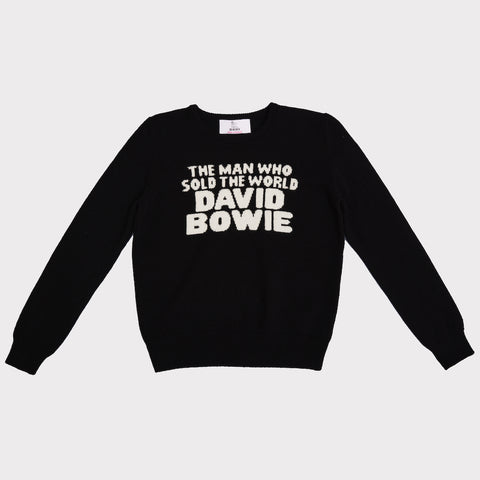 Front flat shot of the women's black and white 'The man who sold the world' David Bowie jumper 