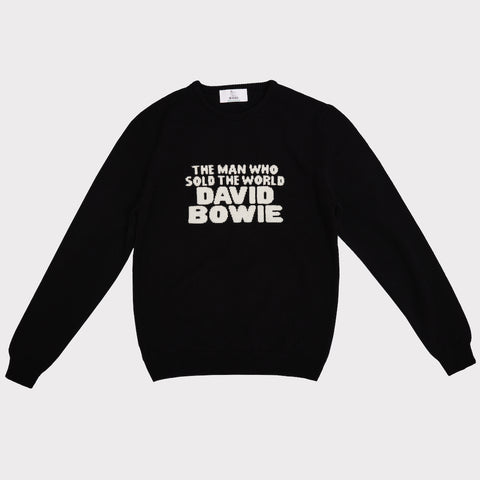 Front flat shot of the Men's black and white 'The man who sold the world' David Bowie jumper