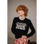 Model shot of the black and white David Bowie 'The man who sold the world' jumper styled with the 'So this is hell' skirt