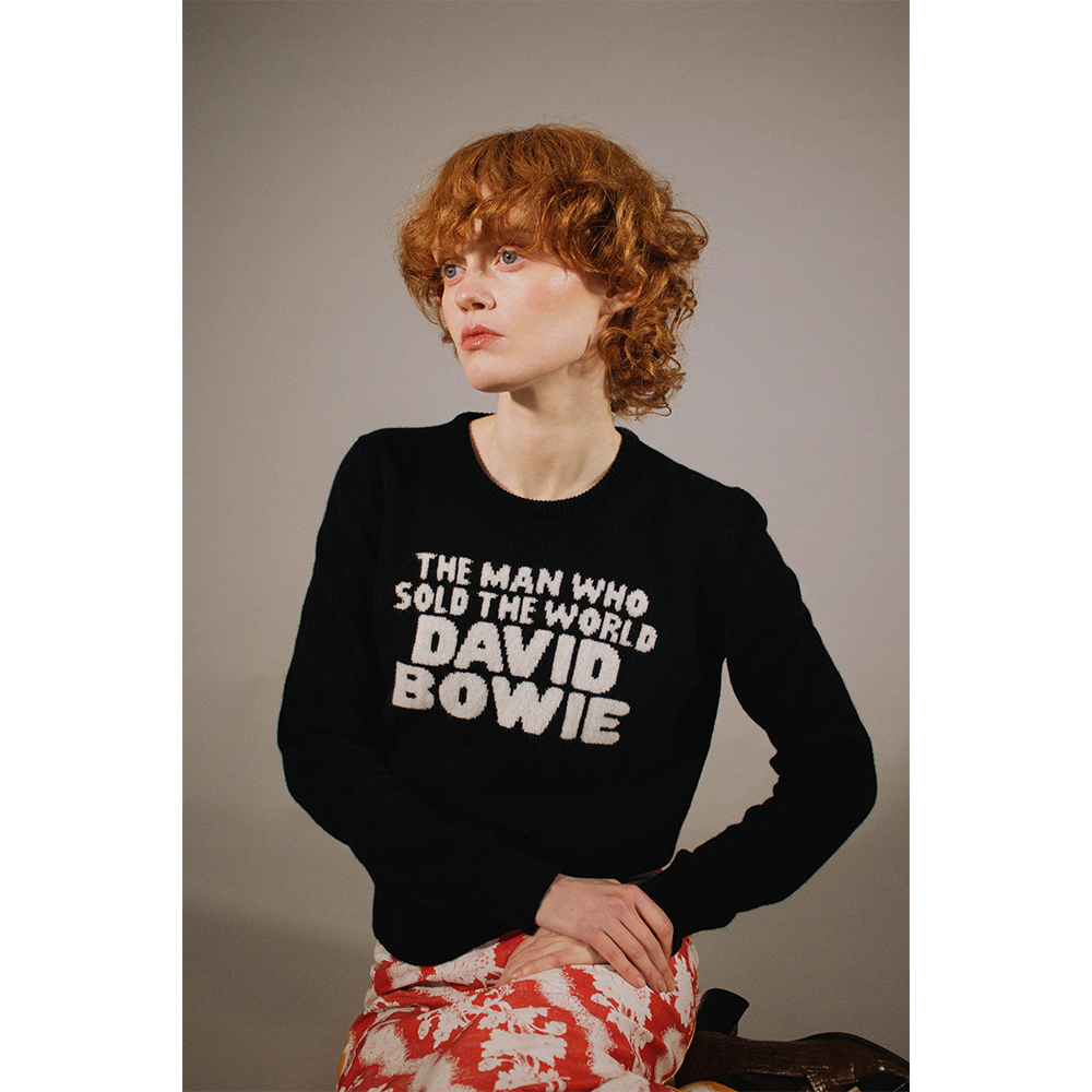 Model shot of the black and white David Bowie 'The man who sold the world' jumper styled with the 'So this is hell' skirt