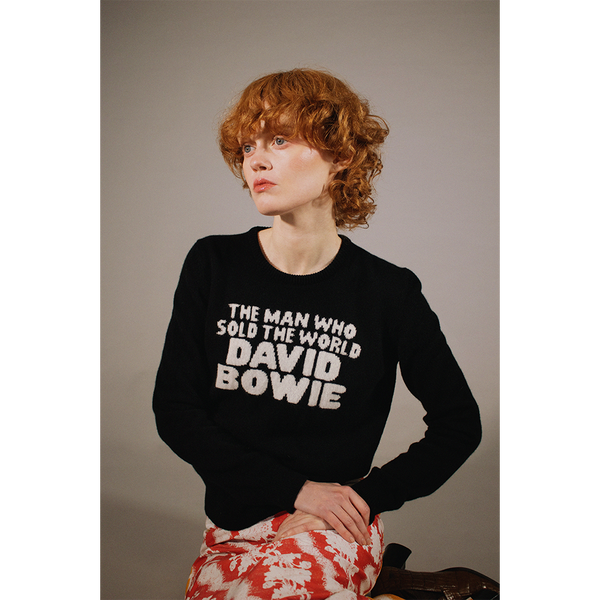Model shot of the black and white David Bowie 'The man who sold the world' jumper styled with the 'So this is hell' skirt