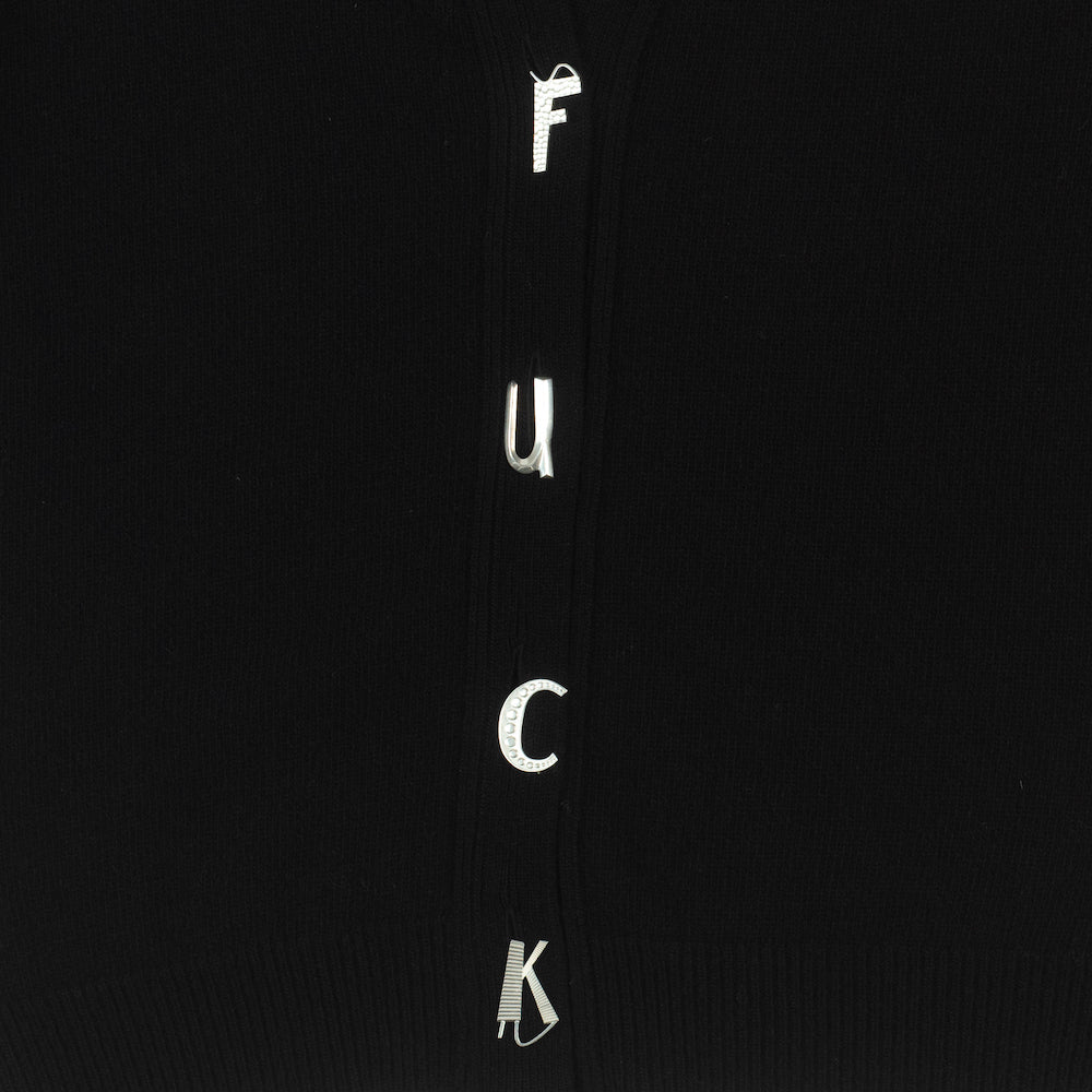 Black carrington cardigan with silver plated letters spelling FU*K