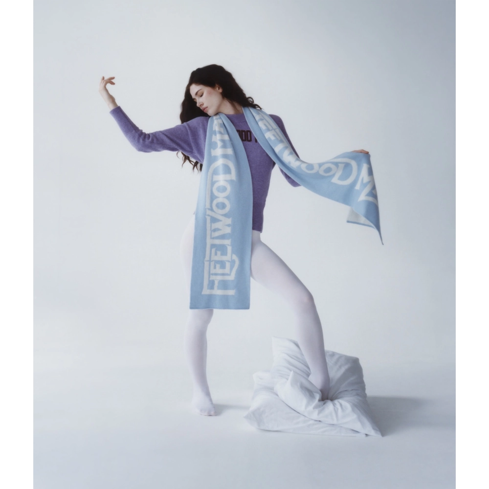 Model wearing the purple Albatross Knit & the ice blue Fleetwood Mac scarf from the Fleetwood Mac Collection 