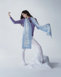 Model wearing the purple Albatross Knit & the ice blue Fleetwood Mac scarf from the Fleetwood Mac Collection 