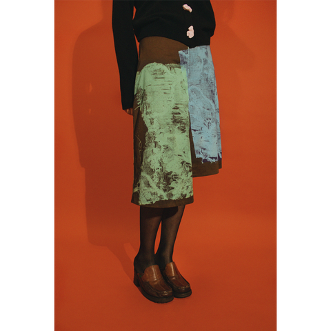 Model wearing the HADES mint, turquoise and brown 'Sartre' skirt