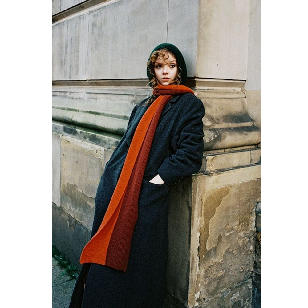 Person wearing HADES Autumn Hooded Scarf in street