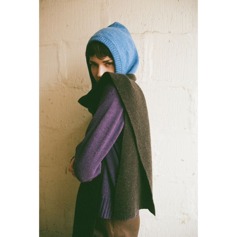 Person wearing HADES blue & brown Hooded Scarf