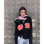 Model wearing the HADES Brown, Pink and Green Hooded Scarf with the Waves Cardigan and the Ego’s Arcady Skirt.

