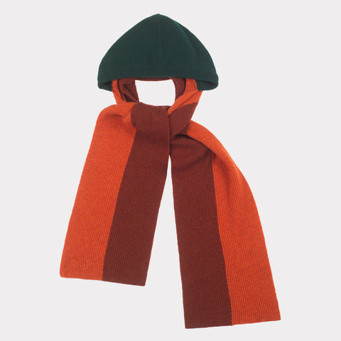 The forest, burnt orange & burgundy hooded scarf flatshot.