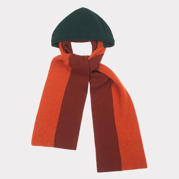 The forest, burnt orange & burgundy hooded scarf flatshot.