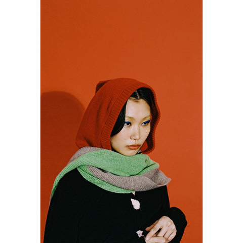 Model in HADES red hooded scarf
