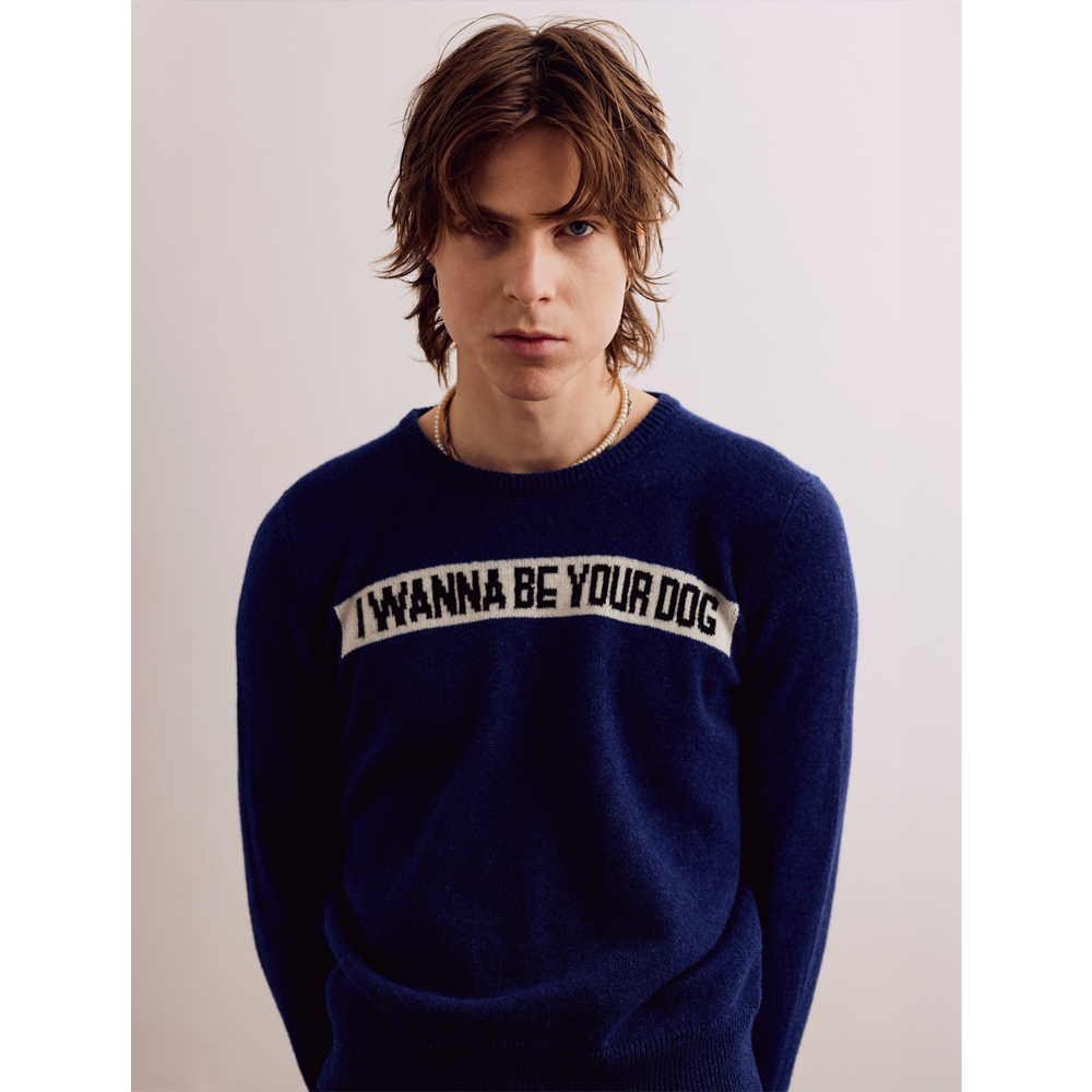 Mens model shots of the Iggy Pop 'I Wanna Be your Dog' jumper