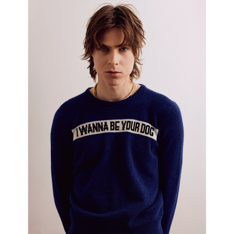 Mens model shots of the Iggy Pop 'I Wanna Be your Dog' jumper