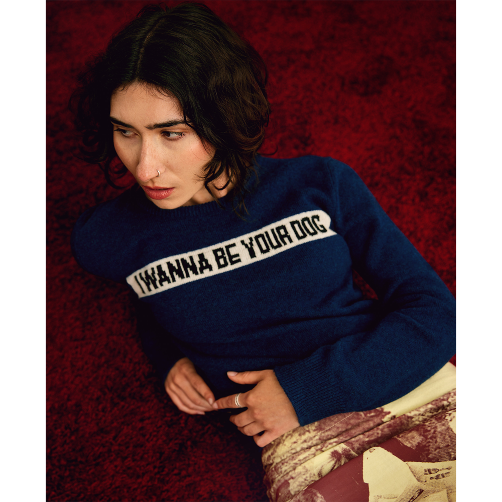 Womens model shot of the Iggy Pop 'I Wanna Be Your Dog' jumper