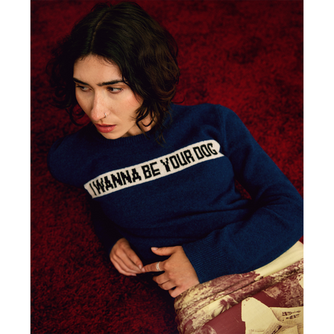 Womens model shot of the Iggy Pop 'I Wanna Be Your Dog' jumper