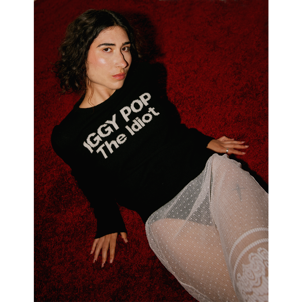 Model shot of 'The Idiot' jumper from the Iggy Pop collection