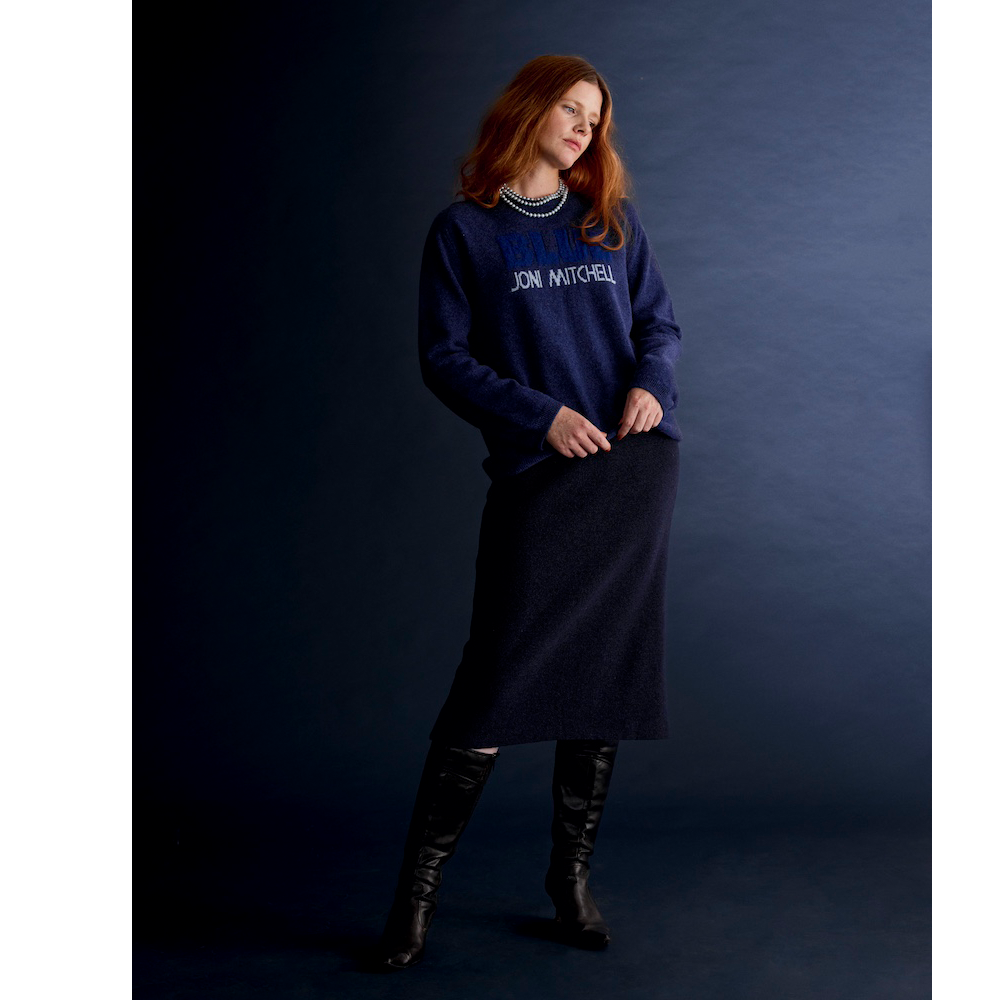 Model wearing the Joni Mitchell 'BLUE' knit 