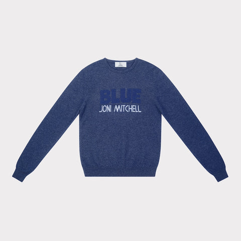 Blue jumper, mens, with 'Blue Joni Mitchell' text 