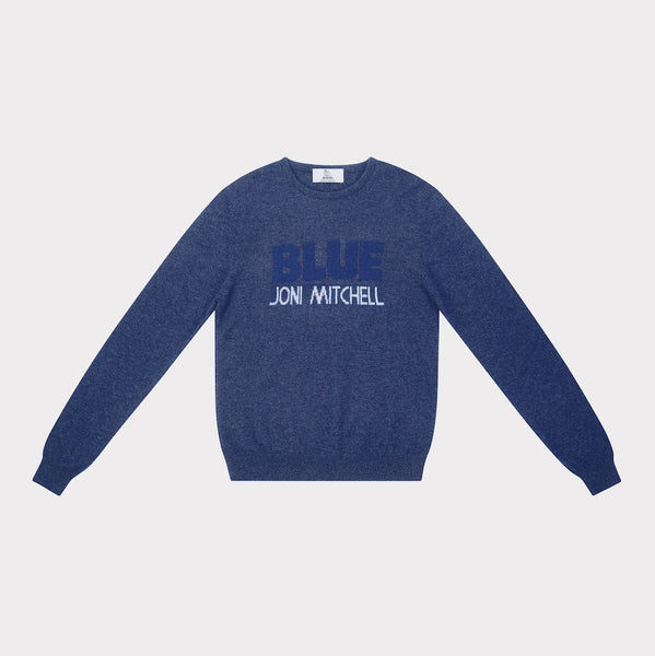 Blue jumper, mens, with 'Blue Joni Mitchell' text 