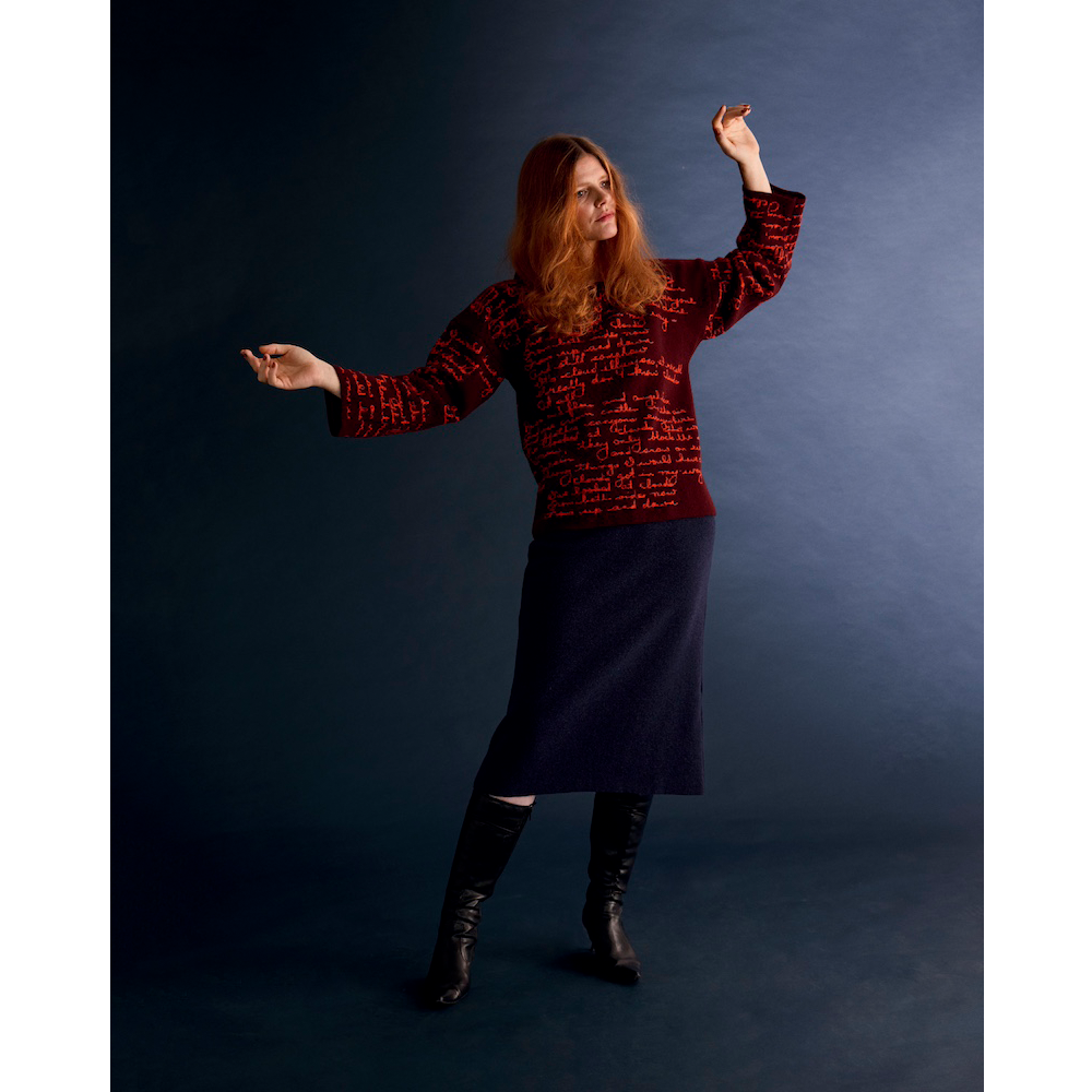 Model wearing the 'Both Sides Now' knit from the Joni Mitchell collection 