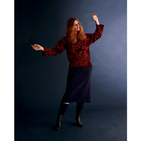Model wearing the 'Both Sides Now' knit from the Joni Mitchell collection 
