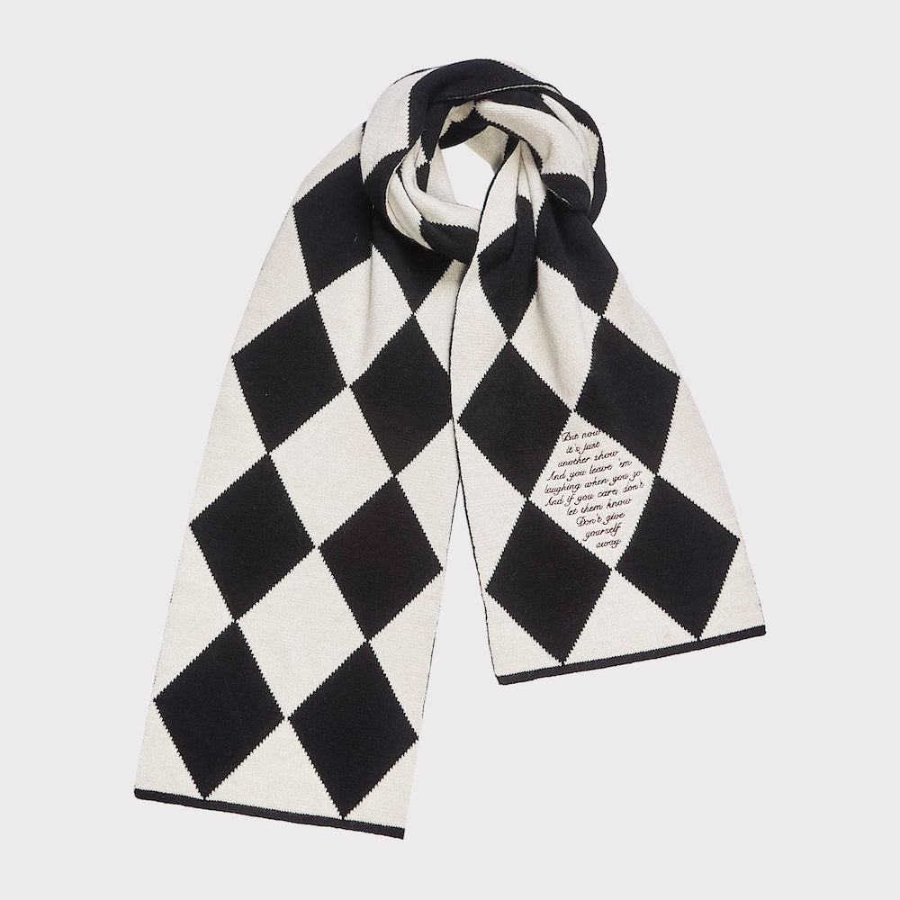 Image of the 'Both Sides Now' scarf tied together, from the Joni Mitchell Collection