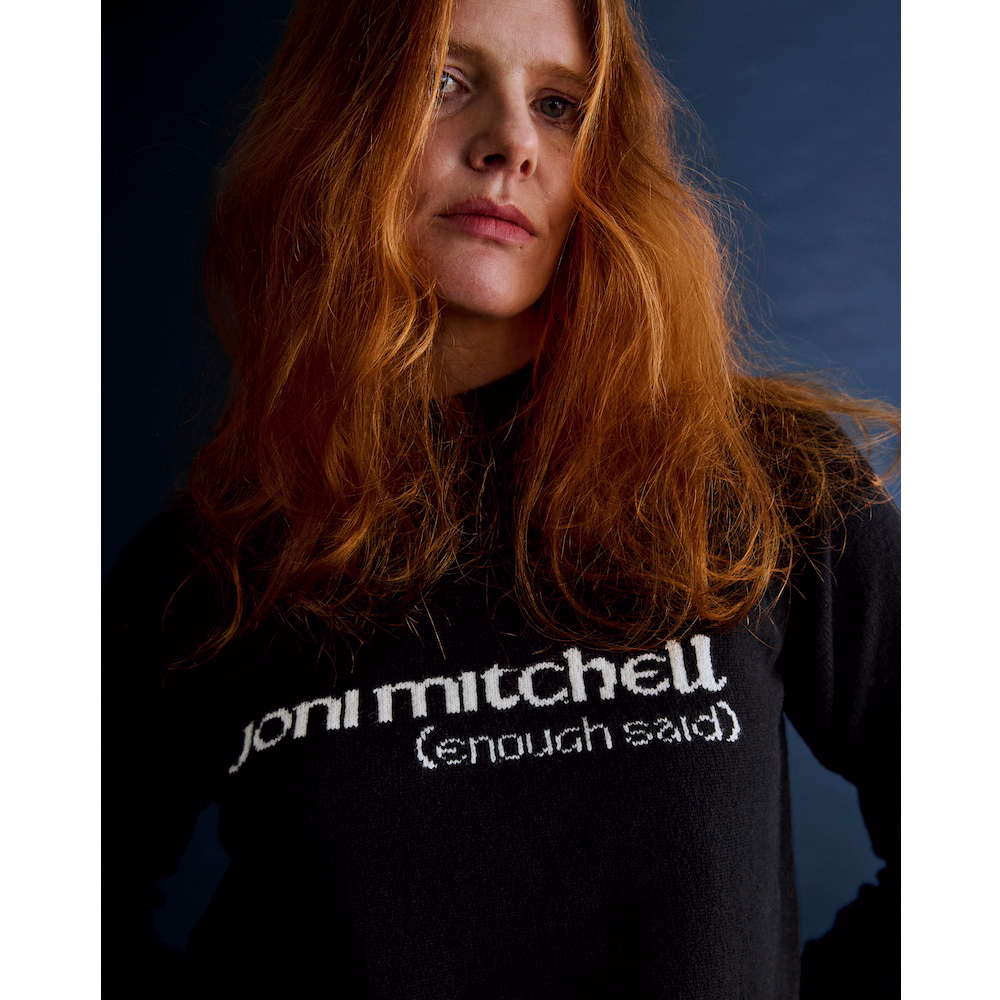 Model wearing the 'Enough Said' knit from the Joni Mitchell collection 