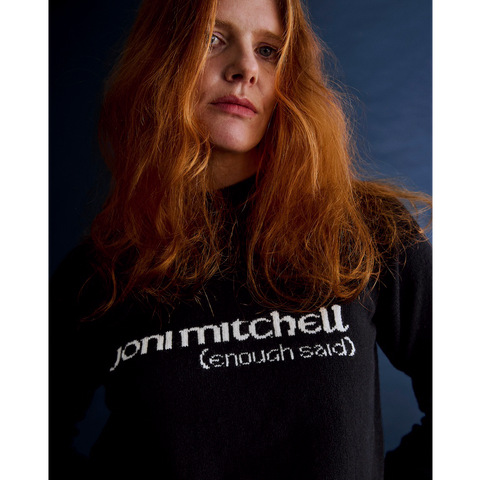 Model wearing the 'Enough Said' knit from the Joni Mitchell collection 