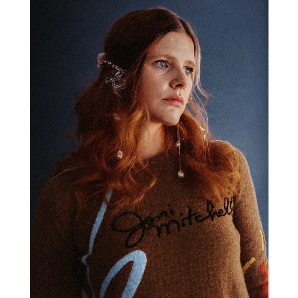 Model wearing the 'Joni Mitchell' knit from the Joni Mitchell collection 