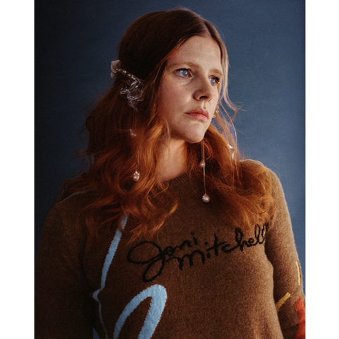 Model wearing the 'Joni Mitchell' knit from the Joni Mitchell collection 