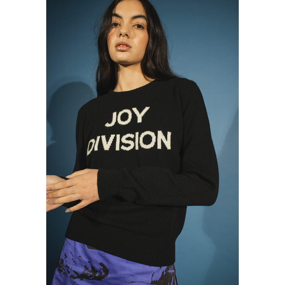 Model wearing HADES wool Joy Division jumper