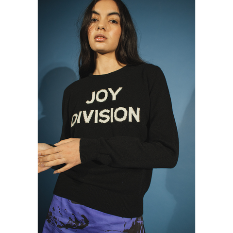 Model wearing HADES wool Joy Division jumper