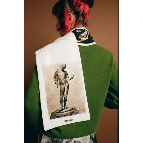 Model wearing HADES wool Narcissus Scarf back shot