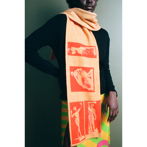 HADES Narcissus scarf in Orange & Red model wearing