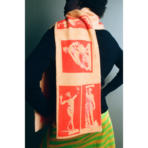 HADES Narcissus scarf in Orange & Red model wearing