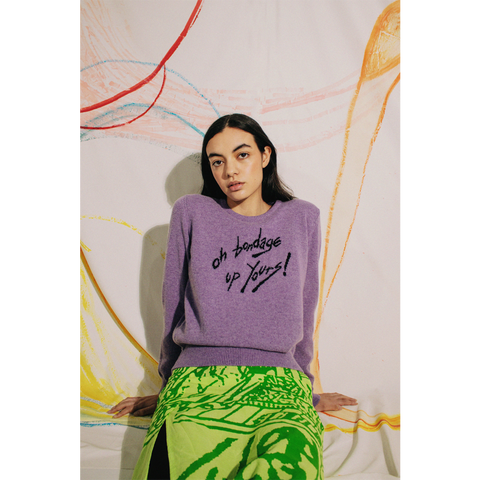 Person wearing a purple jumper with Oh Bondage Up Yours! 
