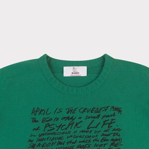 Neck detail image of the April is the Cruellest Month Knit in Jade Green & Black