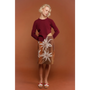 Model wearing the Hanakotoba Skirt & Blood Red Sabi Knit