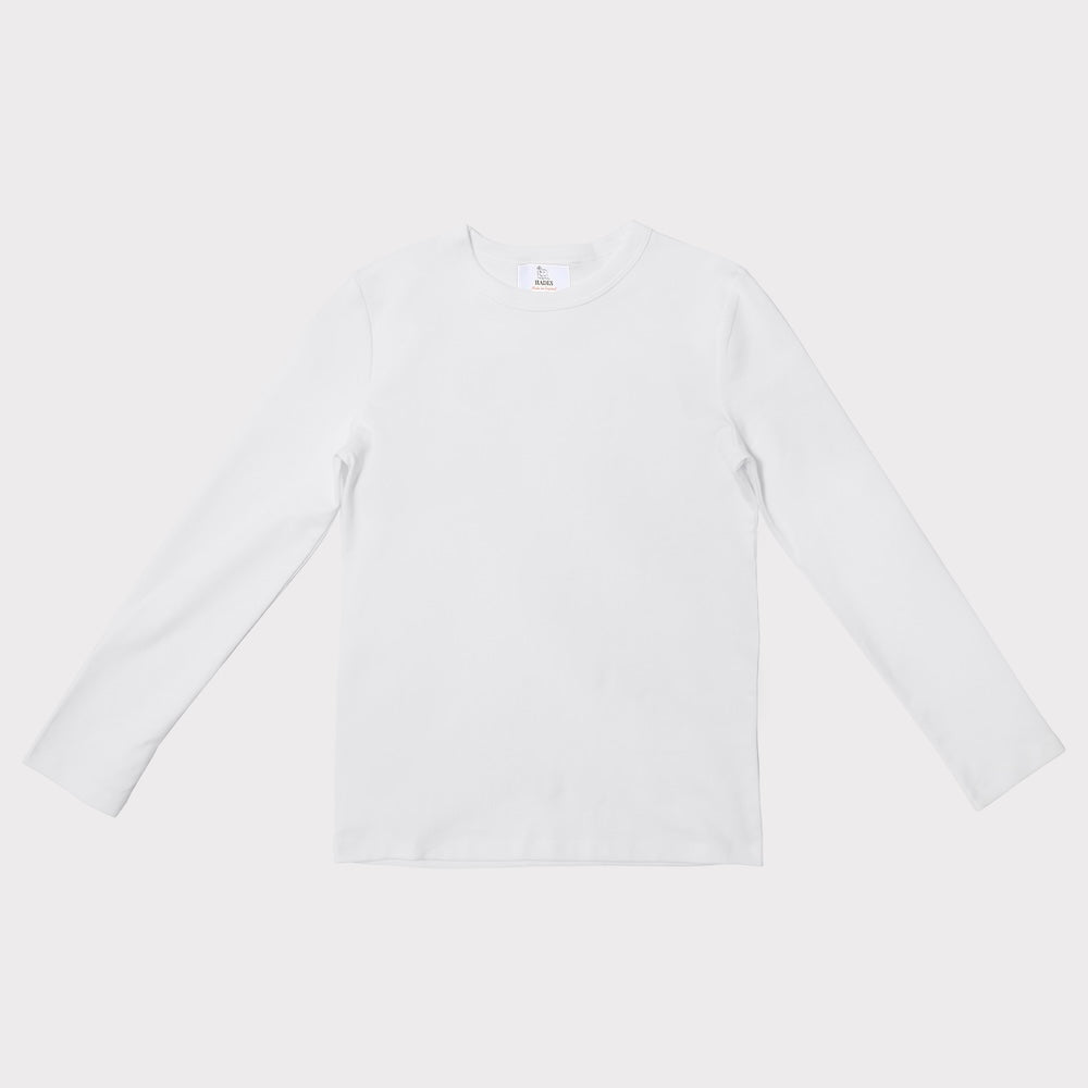White long-sleeve shirt on a light gray background