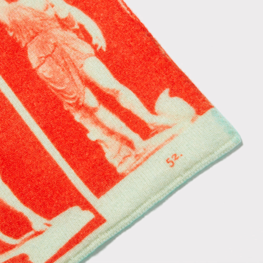 Close up shot of the digital printing featured on the HADES Narcissus scarf in Turquoise and Red
