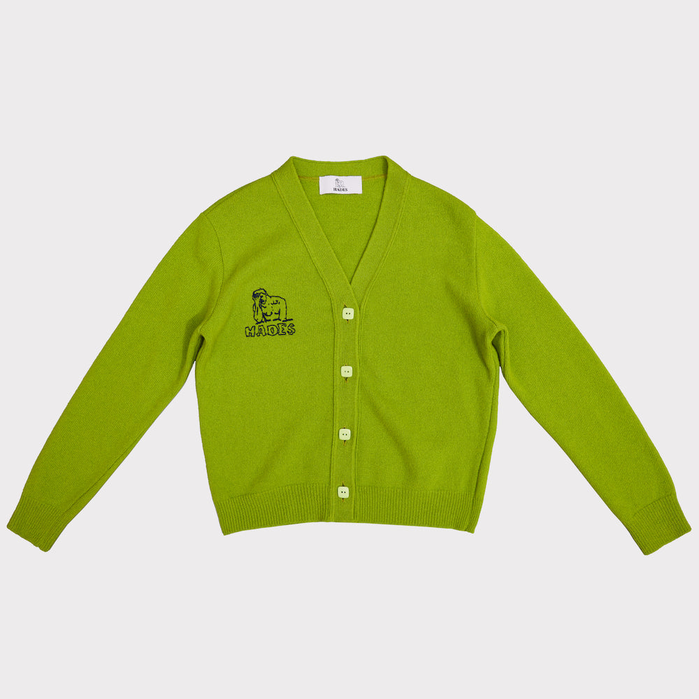 Flat shot of the front of the HADES Lime Cardigan.