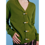 Model wearing the Cigarette Carrington cardigan in green.