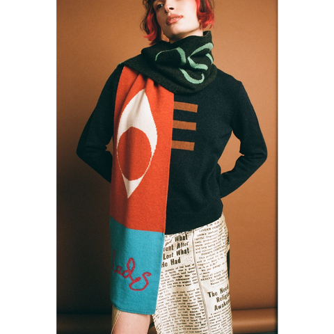 Model wearing HADES Eccentric whippet scarf 