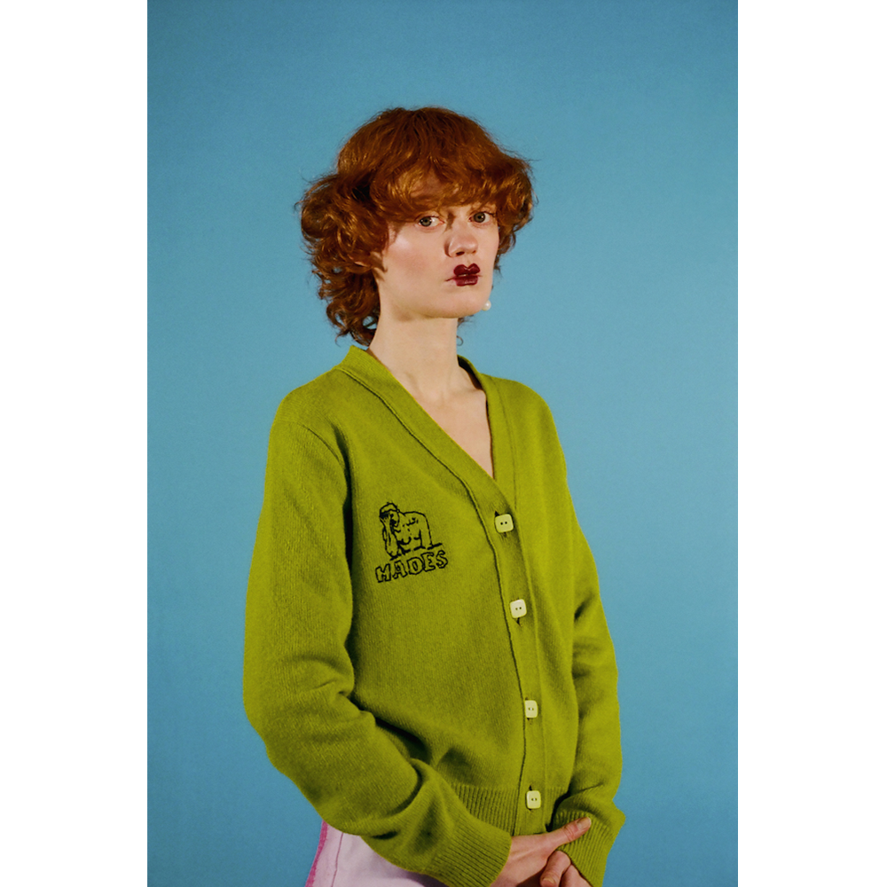 Model wearing the HADES Lime Cardigan.