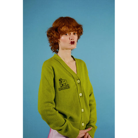 Model wearing the HADES Lime Cardigan.