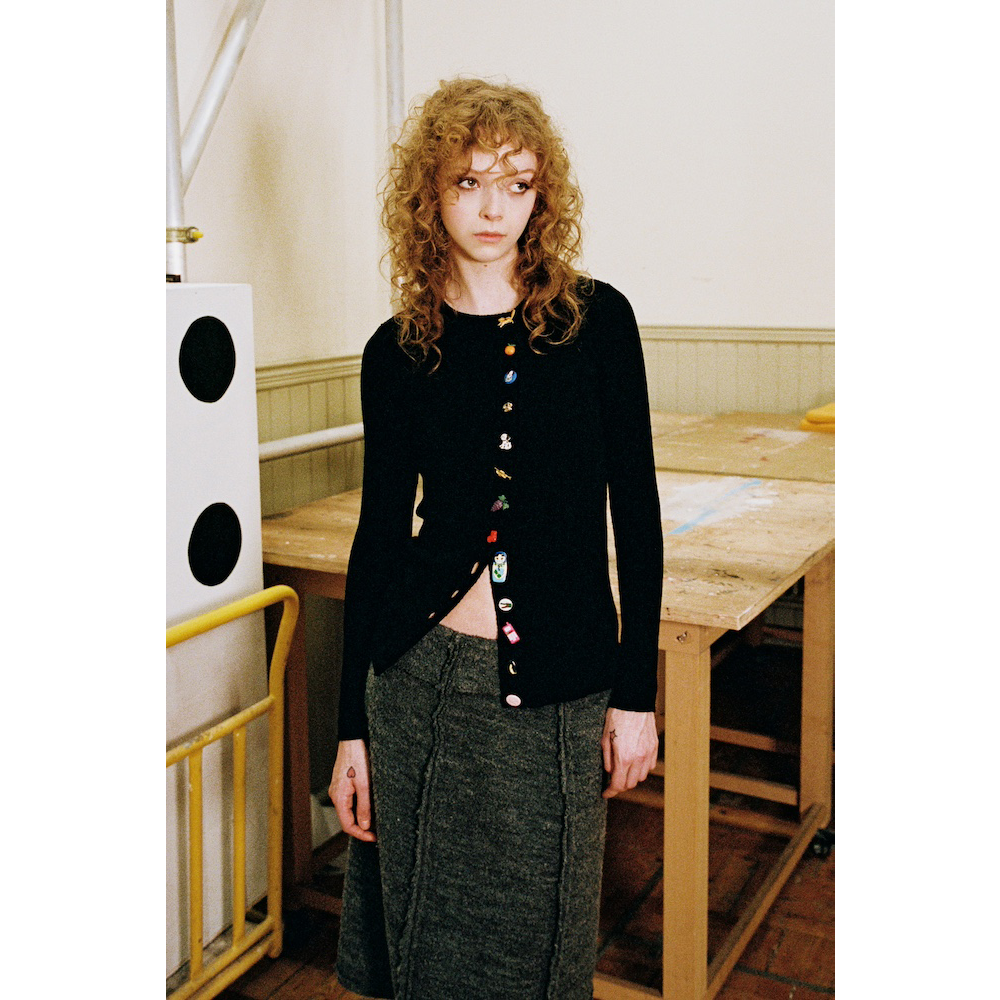 Model wearing Asymmetrical Cardigan
