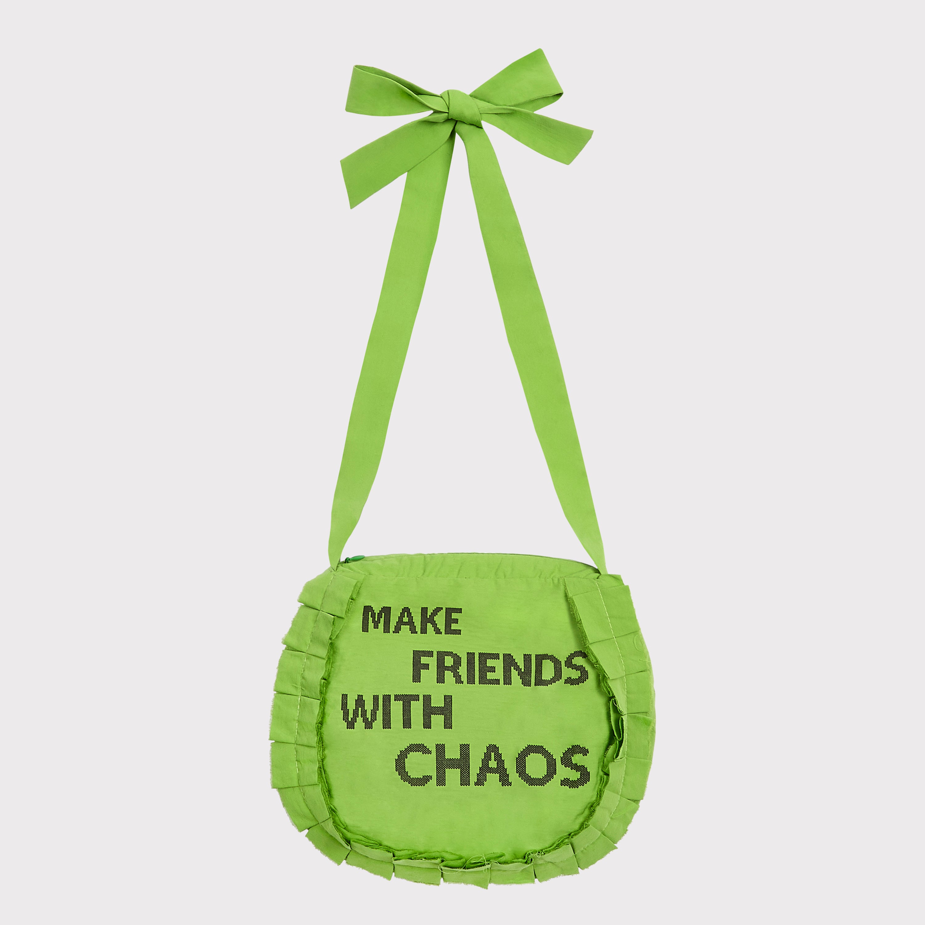 Front flatshot of the "Make Friends With Chaos" bag.