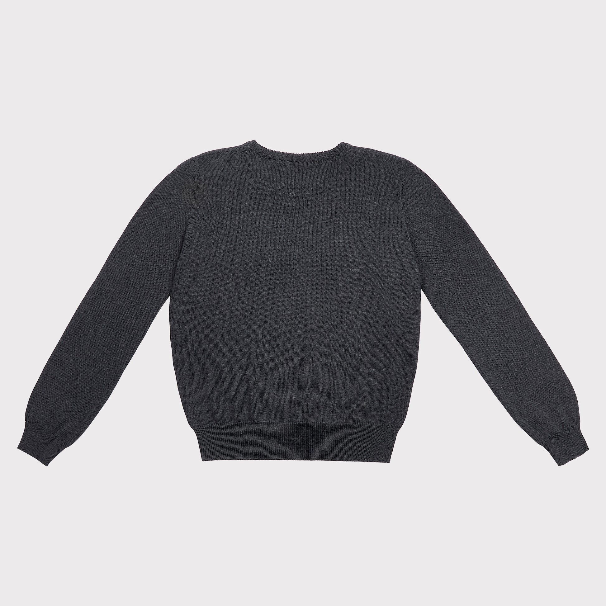 Back flatshot of the "Make Friends With Chaos" knit in grey and Tilda Swinton label.